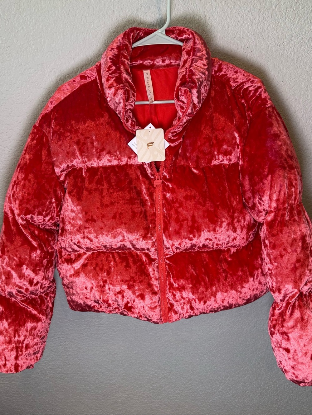 Fabletics Strawberry Red Wander Crushed Velour Cropped Puffer Jacket for Women